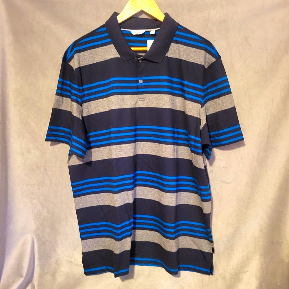 Calvin Klein Men's XL Polo Shirt Striped Short Sleeve Collared Navy Grey NWT